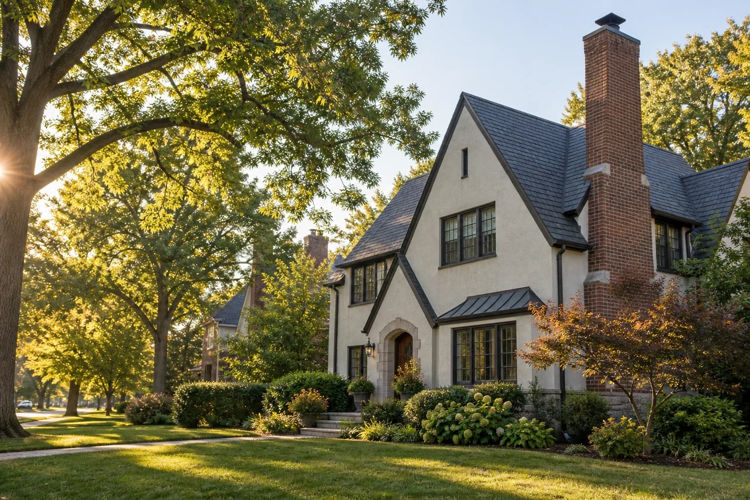Illustrative view of a brick chimney on a tree-lined Northeast Ohio style home